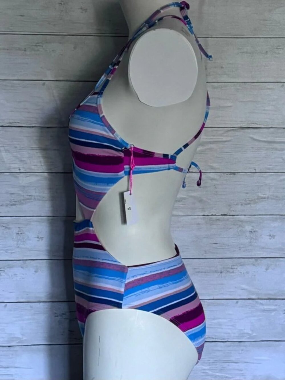 Vanilla Beach One Piece Swimsuit Womens Multi Stripe Cutout Criss Cross Size XS - Picture 4 of 9
